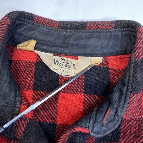 Vintage Woolrich Wool Shacket Mens Large Red Buffalo Plaid Mackinaw Tartan *Flaw - Picture 8 of 11
